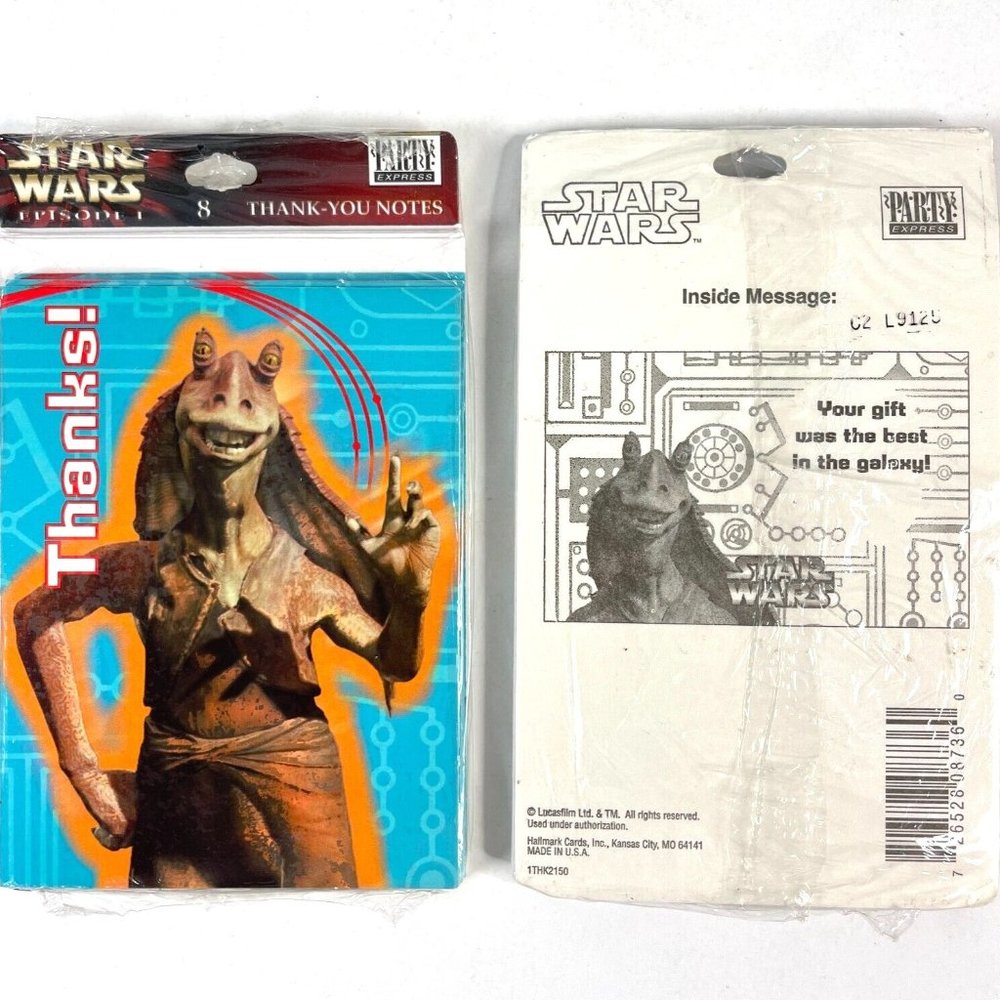 Star Wars Episode 1 Jar Jar Binks Party Thanks 2 Packs 16 Cards + Evps Vintage